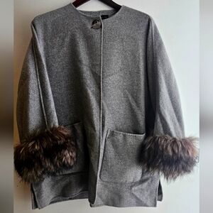 Zara thin wool coat, grey, detachable fur cuffs, woman's medium loose fit
